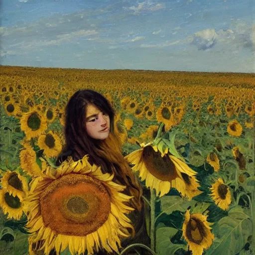 Image similar to a girl in amazing tall sunflower field, her hair flowing down, subtle, intricate details, real masterpiece, oil on canvas, by stanhope forbes, lucian freud