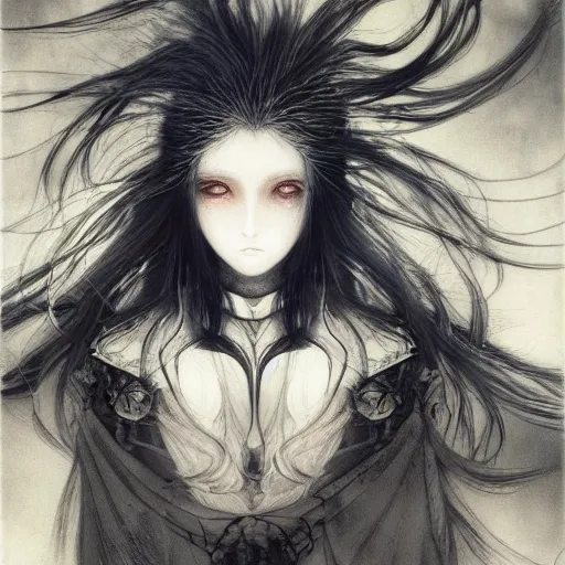 Image similar to Yoshitaka Amano blurred and dreamy illustration of an anime girl with wavy white hair fluttering in the wind and cracks on her face wearing elden ring armour with the cloak, abstract black and white patterns on the background, noisy film grain effect, highly detailed, Renaissance oil painting, weird portrait angle