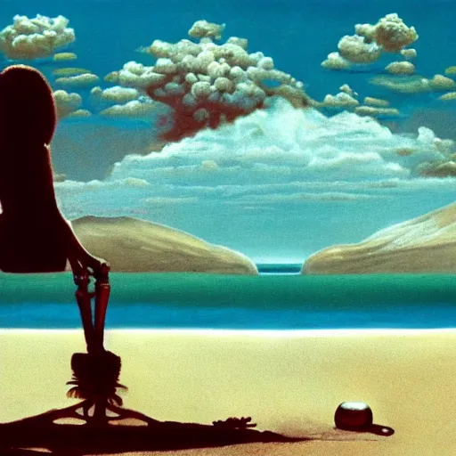 Image similar to a skeleton walking on a beach next to the ocean, nuclear bomb explosion in the background, a surrealist painting by Storm Thorgerson, featured on cg society, matte painting, realistic, chillwave