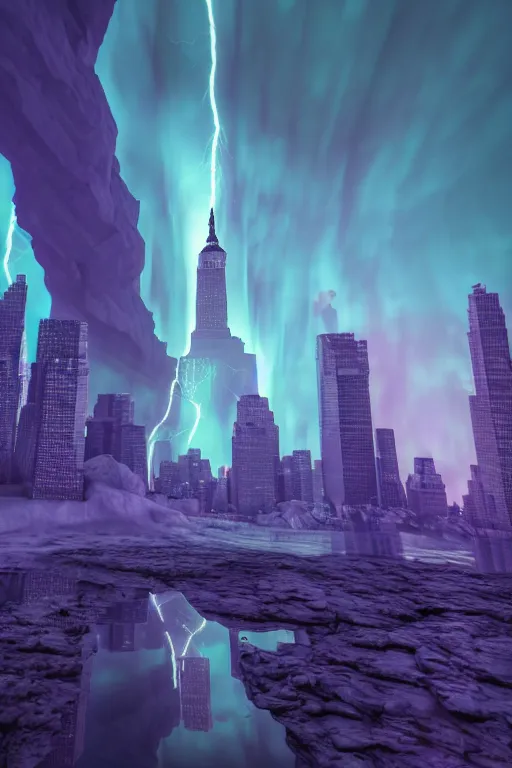 Prompt: of a cave with a miniature futuristic photo - realistic new york city with mirror windows in a crystalline cave : 4, the statue of liberty : 2, highly symmetrical, balanced, purple lightning clouds : 3, octane render, clouds : 2, violet sun : 4, in the style of sahm : 3, hd, ultra - realistic, in unreal engine