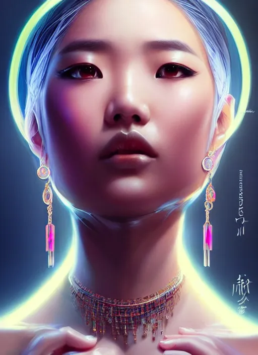 Image similar to portrait of asian female humanoid with transparent jewelry accessories, very details, elegant, cyber neon lights, highly detailed, digital illustration, trending in artstation, trending in pinterest, glamor pose, concept art, smooth, sharp focus, art by artgerm and greg rutkowski