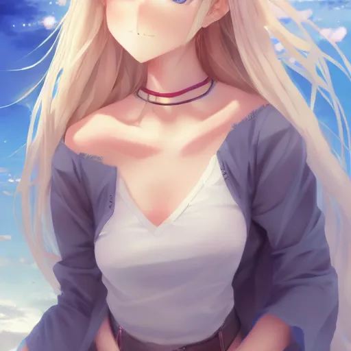 Image similar to a very beautiful anime cute girl, full body, long wavy blond hair, sky blue eyes, full round face, short smile, large top, miniskirt, front view, medium shot, mid-shot, highly detailed, cinematic wallpaper by Stanley Artgerm Lau