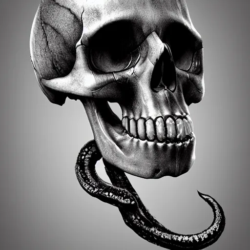 Image similar to skull of a pirate with tentacles protruding out of it's eye socket at the bottom of the ocean photo realistic