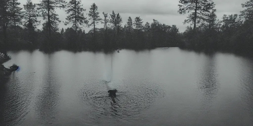 Image similar to symmetrical photograph of an infinitely long rope floating on the surface of the water, the rope is snaking from the foreground stretching out towards the center of the lake, a dark lake on a cloudy day, trees in the background, anamorphic lens, surreal