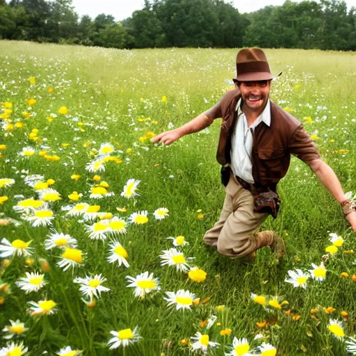 Image similar to indiana jones, frolicking through daisies