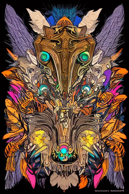 Image similar to animal mask totem roots flower tribal feather gemstone plant wood rock shaman vodoo video game vector cutout illustration vivid multicolor borderlands comics by josan gonzales and dan mumford radiating a glowing aura