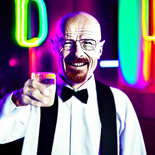 Image similar to portrait of walter white in a tuxedo, laughing in a modern night club, neon lights