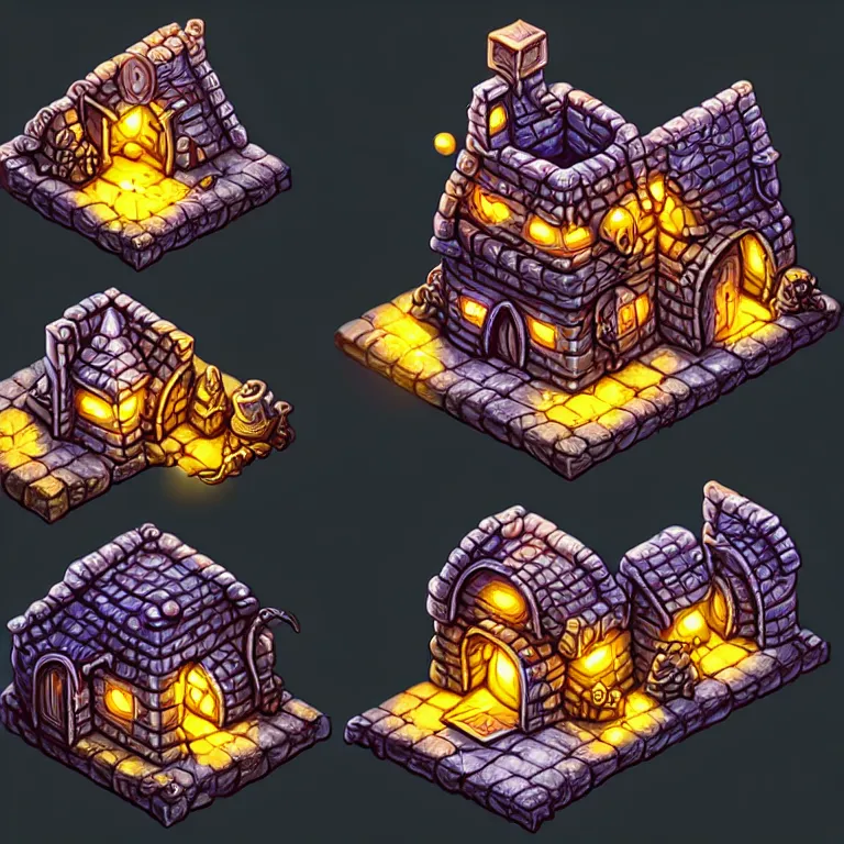 Prompt: subsurface scattering, isometric orthographic game art of sandstone houses at night, transparent background, brom's amazing d & d dark sun art, psd spritesheet, digital painting by brom, hand - drawn 2 d art, intricate details, beautiful, hq lighting, ultrarealistic, cgsociety, artstation, by brom, blank background