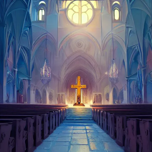 Image similar to prayers in church, intricate, elegant, fantasy, highly detailed, digital painting, concept art, sharp focus, illustration, beautiful volumetric lighting, epic light, artstation, magic hour lighting, colorful, sunshine, springtime, art by Sylvain Sarrailh