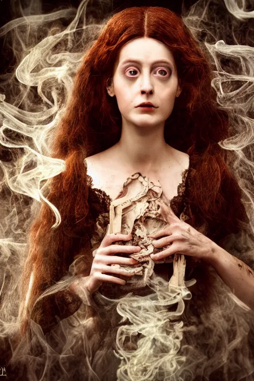 Image similar to 3 5 mm colour, italian looking emma, evil princess, victorian house, long brown hair, hyperrealism, octane render, weird, odd, strange, creepy, freakshow, extremely detailed, subtle intricate smoke magic, lace, silk, style of david cronenberg, hyung tae, frank frazetta