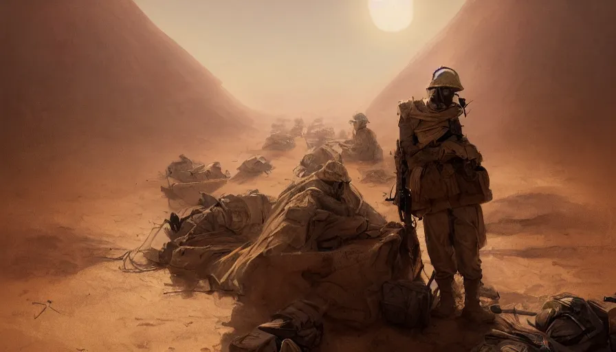 Image similar to beautiful digital painting of a soldier in a trench waiting for the war to end, in the sahara desert. cinematic lighting, atmospheric, emotions, concept art by greg rutkowski,