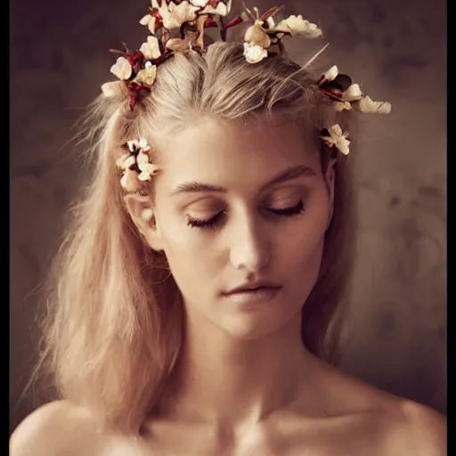 Image similar to vintage photograph of an olive skinned blonde female model in her twenties, her hair pinned up with flowers, wearing a designer top, looking content, focused on her neck, photo realistic, extreme detail skin, natural beauty, no filter, slr, golden hour, 8 k, high definition, selfie