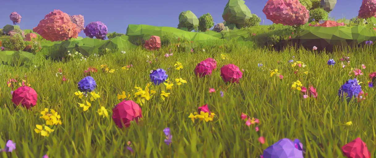 Prompt: 3 d render low poly art, flowers, field of dreams, unreal engine, dreamy, bokeh