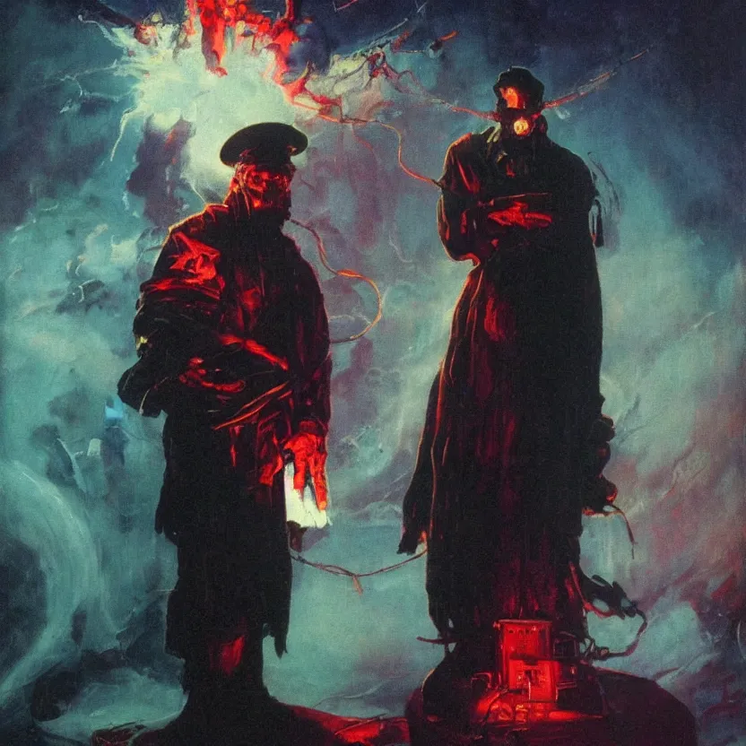 Prompt: a dark and colorful portrait of a silhouetted sci - fi wizard opening floodgates. glowing fog in the background. highly detailed science fiction painting by norman rockwell, frank frazetta, and syd mead. rich colors, high contrast, gloomy atmosphere, dark background. trending on artstation