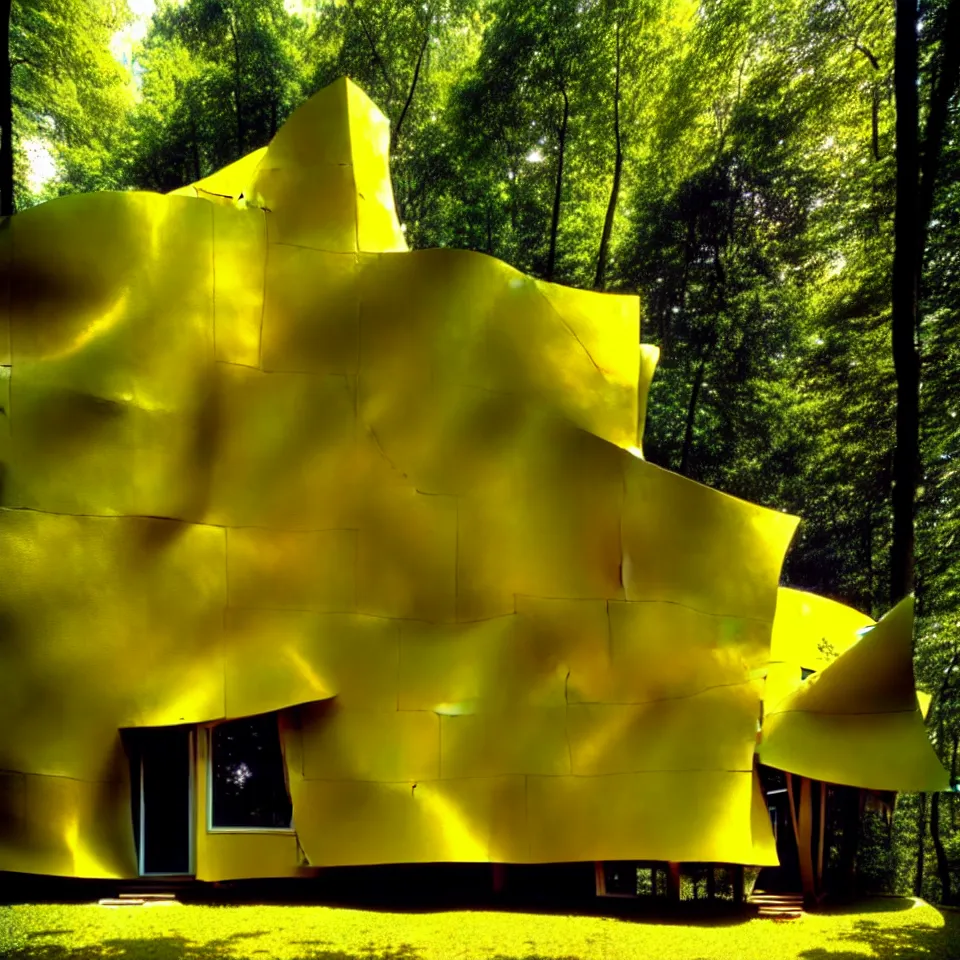 Prompt: a small flat house with big tiles in a forest, designed by Frank Gehry. Film grain, cinematic, yellow hue