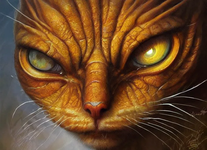 Image similar to giant ginger cat reptile eyes, orange skin. intricate, elegant, highly detailed, centered, digital painting, artstation, concept art, smooth, sharp focus, illustration, artgerm, tomasz alen kopera, peter mohrbacher, donato giancola, joseph christian leyendecker, wlop, frank frazetta