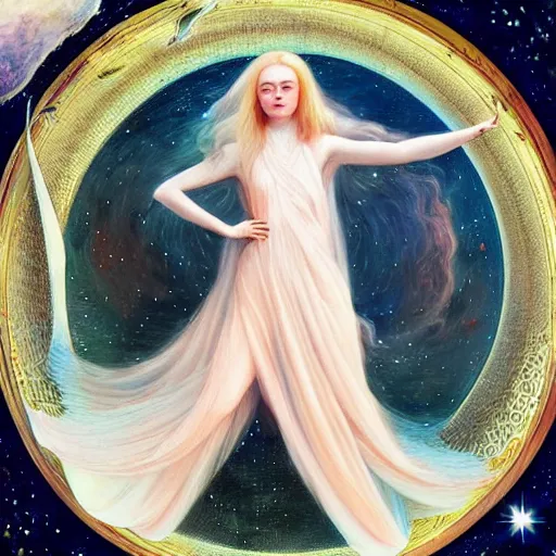 Image similar to a striking hyper real illustration of Elle Fanning in space by Edwin Blashfield