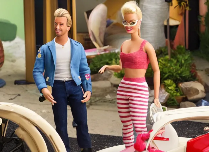Prompt: a movie still of margot robbie as barbie. ryan gosling as ken doll. on the set of the new barbie movie.