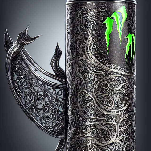 Image similar to aluminian can of monster energy drink, intricate and very very beautiful and elegant, highly detailed, digital painting, artstation, concept art, smooth and sharp focus, illustration