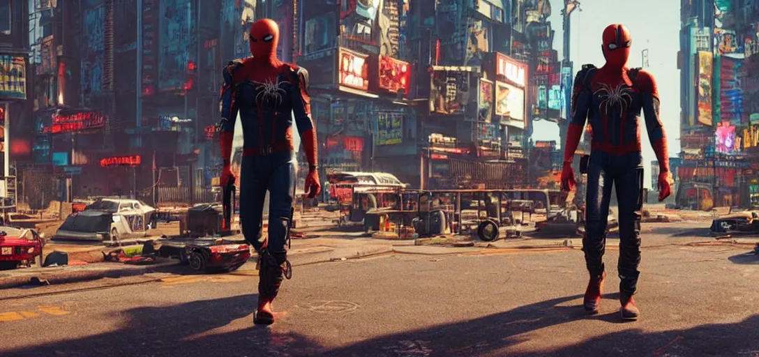 Image similar to a film still from a gritty cyberpunk 2 0 0 0 s james cameron movie about spider - man. realism, cinematic lighting, 4 k. 8 mm. grainy. panavision.