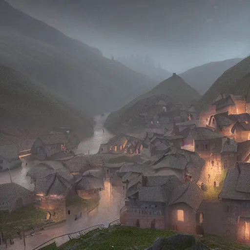 Image similar to the center of a poor medieval town under heavy rain at late dawn, in a valley, surrounded by mountains, highly detailed, octane, ultra detailed cinematic, 8 k, widescreen, 1 6 : 9, hd