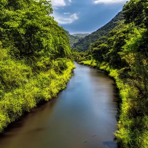 Prompt: a beautiful landscape, river, lush vegetation, 8K, photo