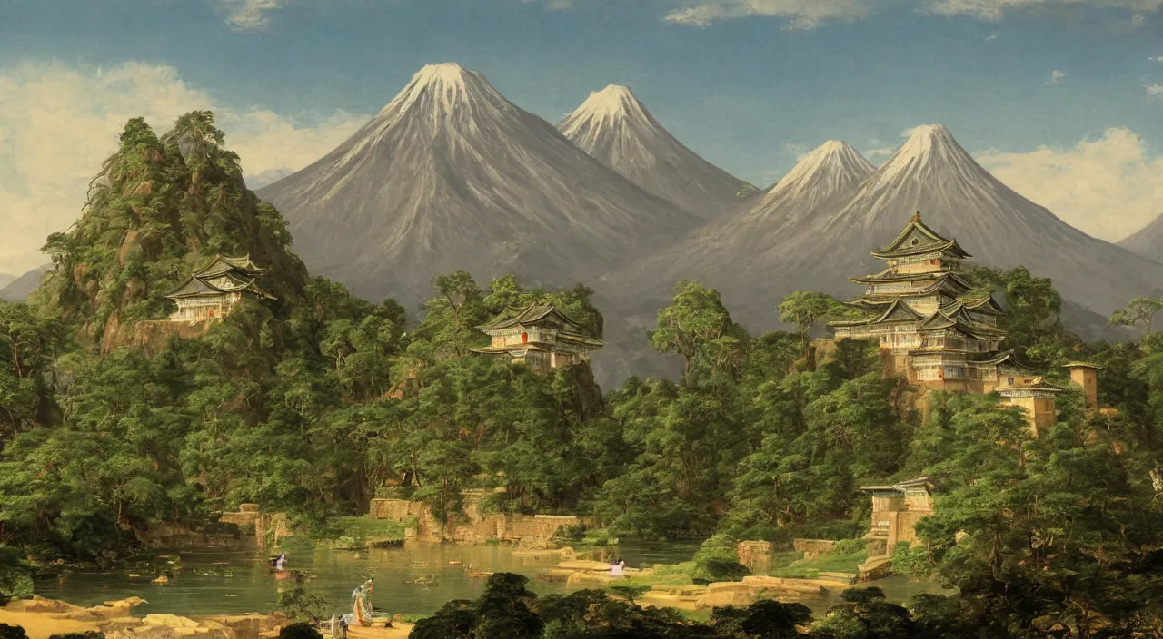 Prompt: a Japanese castle, with a garden as foreground, with mountains as background, by Thomas Cole