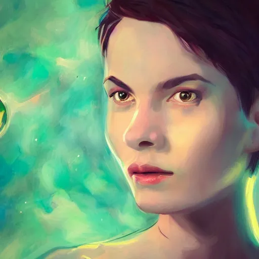 Image similar to a portrait photo of a young woman with short brown hair, a dress, and green eyes, floating in space, trending on artstation