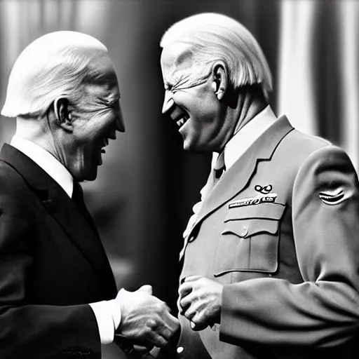 Image similar to “ very photorealistic photo of hitler and joe biden laughing together, award - winning details ”