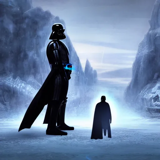 Image similar to darth vader's back in silhouette is in the foreground on the left, in the background on the right is is a superhero man who is made of ice, dangerous icy environment, cinematic, graphic novel, matte fantasy painting, extremely high detail, photo realistic, 4k, post processed, Artstation