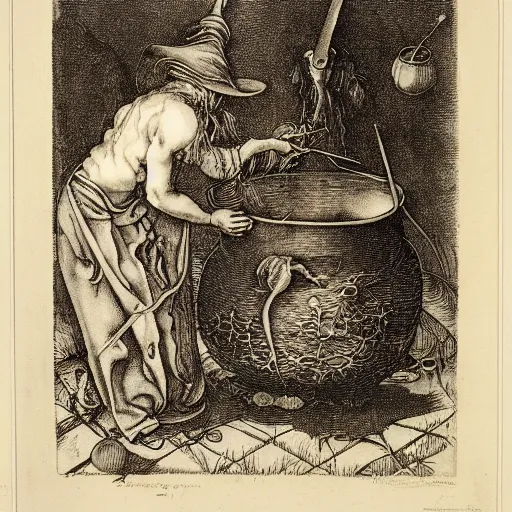 Prompt: a witch adding ingredients to her cauldron, engraving by albrecht durer