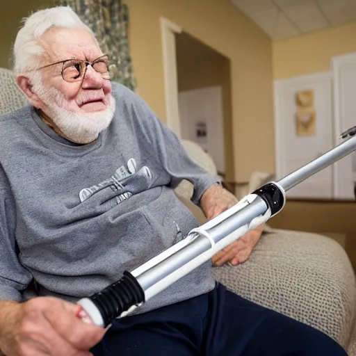 Image similar to elderly man with lightsaber in a nursing home, canon eos r 3, f / 1. 4, iso 2 0 0, 1 / 1 6 0 s, 8 k, raw, unedited, symmetrical balance, wide angle