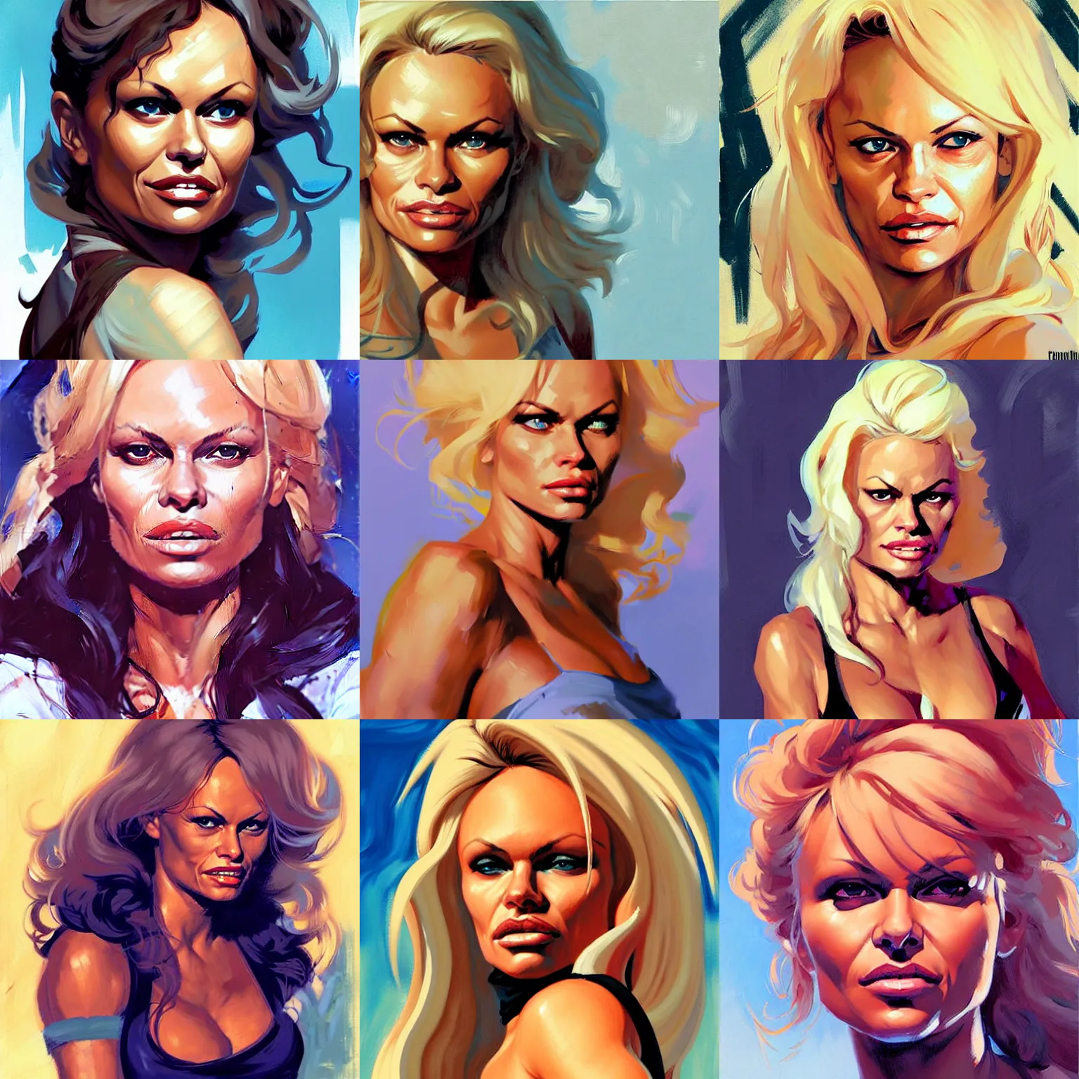 Prompt: Pamela Anderson, beautiful. highly detailed face and hair. art by Fernanda Suarez and Greg Manchess and Sachin Teng