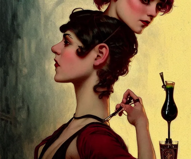 Prompt: character portrait of young woman as a beautiful barmaid, pixie cut with shaved side hair, gloomy dark speakeasy tavern, dystopian 1920s soviet mood, intricate, wild, highly detailed, digital painting, artstation, concept art, smooth, sharp focus, illustration, art by artgerm and greg rutkowski and alphonse mucha, vibrant deep colors, 🍸, 8k octane beautifully detailed render, post-processing, extremely hyperdetailed, Art Nouveau, masterpiece