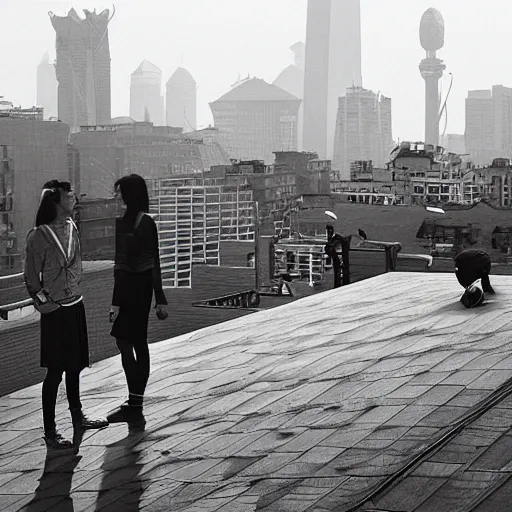 Image similar to a small rooftop with a couple of modern teenagers, standing and talking to each other, highly detailed, wearing black modern clothes, modern shanghai bund is on the background, dust, sunset, by gregory crewdson