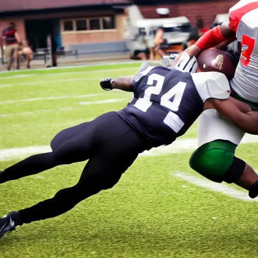 Image similar to American football player running over another football player,