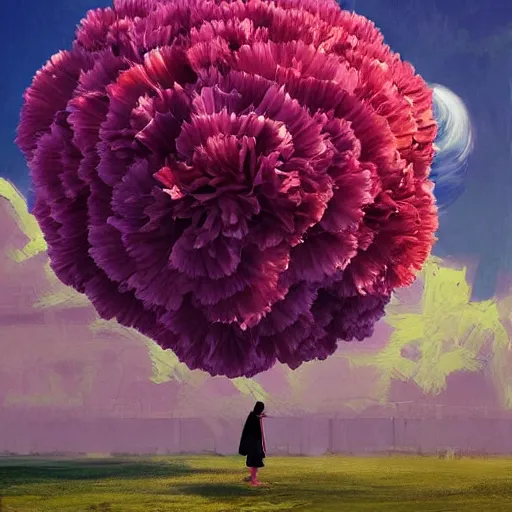 Image similar to giant carnation flower head, woman walking between luxury apartments, surreal photography, sunlight, impressionist painting, digital painting, artstation, simon stalenhag