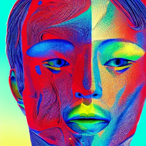 Prompt: the head of a handsome korean man partially made of rainbows, an ultrafine detailed illustration by james jean, final fantasy, intricate linework, bright colors, behance contest winner, vanitas, angular, altermodern, unreal engine 5 highly rendered, global illumination, radiant light, detailed and intricate environment