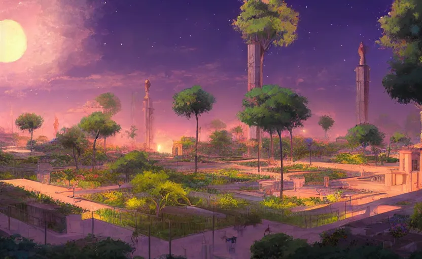 Image similar to beautiful landscape artwork of the gardens of babylon at night, ambient lights, masterpiece by Makoto Shinkai