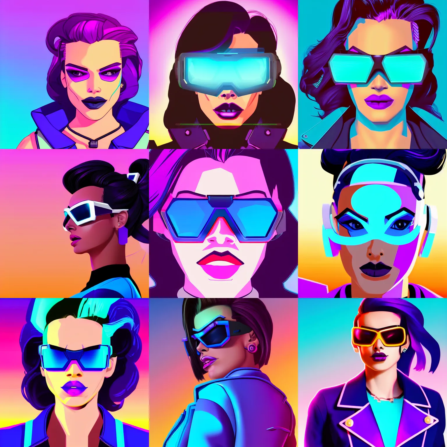 Prompt: closeup portrait of sombra from overwatch with light blue shutter shades in front of a sunset, a dark purple leather jacket, one side brown haircut with blue tips on the end, vector art by jan tengnagel, pixabay contest winner, retrofuturism, retrowave, synthwave, outrun, portrait, synthwave