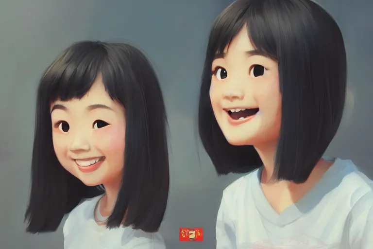 Prompt: a painting of cute Asian girls smiling, in the style of Pixar animation, low angle view, 16mm lens, award winning, hyper detailed, dramatic lighting, artstation, octane renderer, unreal engine