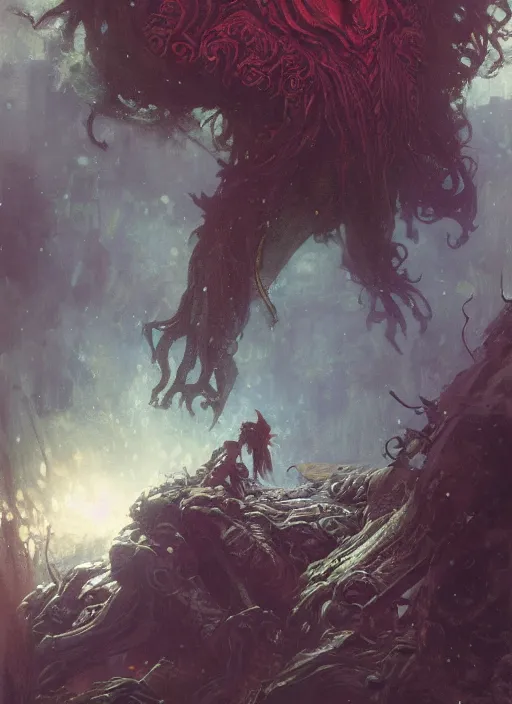 Image similar to my bed is a forest with a giant cthulhu eyes in the dark by gaston bussiere, anna nikonova aka newmilky, greg rutkowski, yoji shinkawa, yoshitaka amano, moebius, donato giancola, geoffroy thoorens, trending on artstation, featured on pixiv, cinematic composition