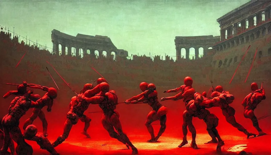 Image similar to only with red, bloody armored gladiator battle in a crowded roman amphitheatre, crowd cheering, in the style of beksinski and edward hopper and rodcenko and yue minjun and greg rutkowski, intricate and epic composition, red by caravaggio, highly detailed, masterpiece, red light, artstation, art nouveau