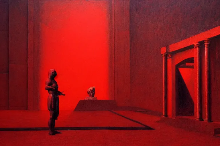 Image similar to only with red, caesar after war, the deal, a red tiger, in hoc signo vinces, rome in background, an ancient path, in the style of beksinski, part by hopper, part by rodcenko, part by hofbauer, intricate composition, red by caravaggio, insanely quality, highly detailed, masterpiece, red light, artstation