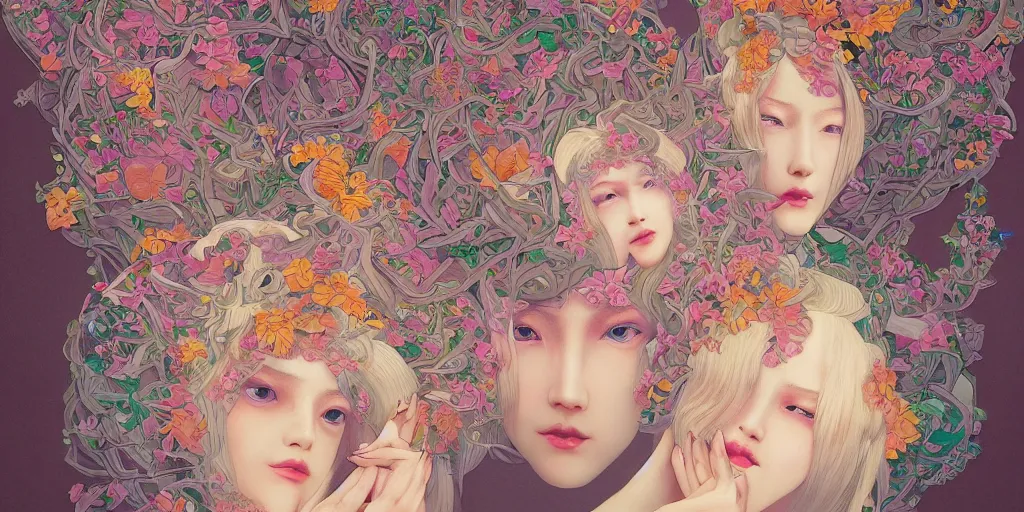 Image similar to breathtaking detailed concept art painting kaleidoscope art deco pattern of blonde faces goddesses amalmation flowers, by hsiao - ron cheng, bizarre compositions, exquisite detail, extremely moody lighting, 8 k