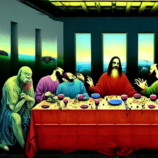 Prompt: a hyperrealistic painting of the last supper with spooky pepe the frog abducted by portals and angels, random cows, cinematic horror by chris cunningham, lisa frank, richard corben, highly detailed, vivid color, beksinski painting, part by adrian ghenie and gerhard richter. art by takato yamamoto. masterpiece