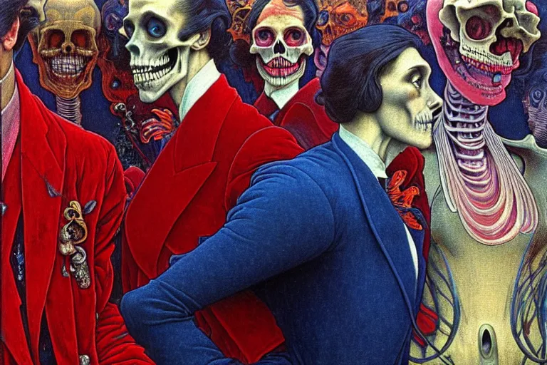 Prompt: realistic detailed closeup portrait painting of a single skeleton wearing red velvet blazer in a crowded futuristic moscow street by Jean Delville, Amano, Yves Tanguy, Alphonse Mucha, Ernst Haeckel, Edward Robert Hughes, Roger Dean, cinematic composition, dynamic pose, rich moody colours, blue eyes