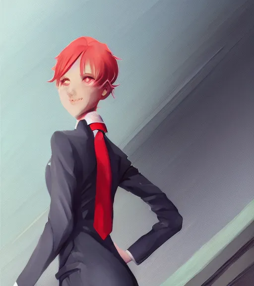 Prompt: a girl in a business suit, close up, sharp focus, red necktie, grey hair, full body shot, pixiv, digital painting, by tran ross and jordan grimmer, anime art, artstation, hd, smooth