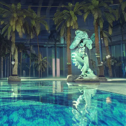 Image similar to a hyperrealistic 3 d render of a crumbling statue in a surreal underground swimming pool surrounded by palm trees and neon lights, vaporwave, unreal engine, octane render, dramatic lighting, volumetric lighting, ultra detailed, photorealistic