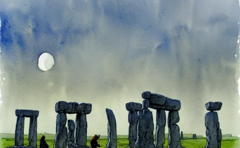 Image similar to a hyperrealist watercolour character concept art portrait of one small grey medieval monk pointing up in the air in front of a floating portal above a complete stonehenge monument on a misty night. by rebecca guay, michael kaluta, charles vess and jean moebius giraud